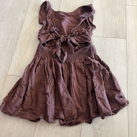Free People brown pinafore Ruffle Sleeve Mini Linen Colette Dress size M - Picture 2 of 7